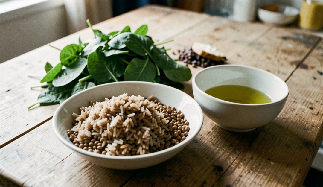 Kitchen table with brown rice, lentils, fresh greens and a bowl of olive oil ready to cook