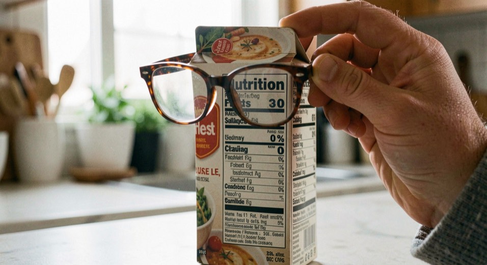 Reading glasses held over a nutrition facts panel on a soup carton in a kitchen