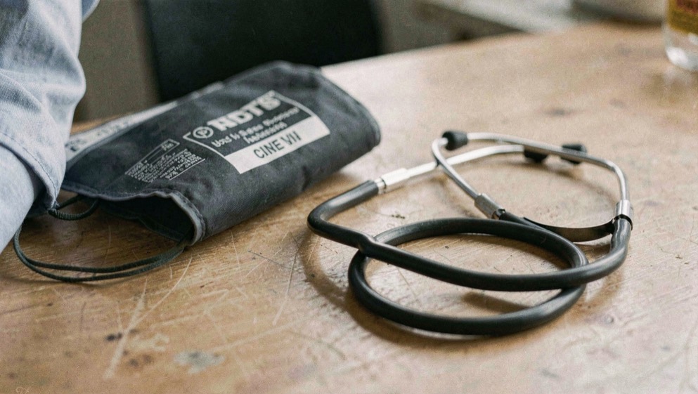 Upper arm blood pressure cuff resting on a table next to a folded stethoscope