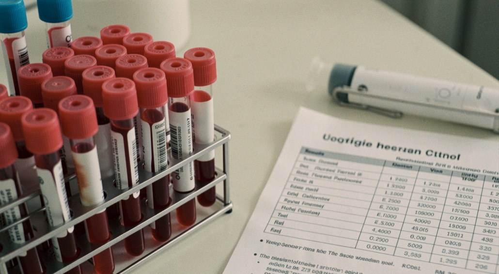 Laboratory blood sample tubes in a rack beside a printed results sheet