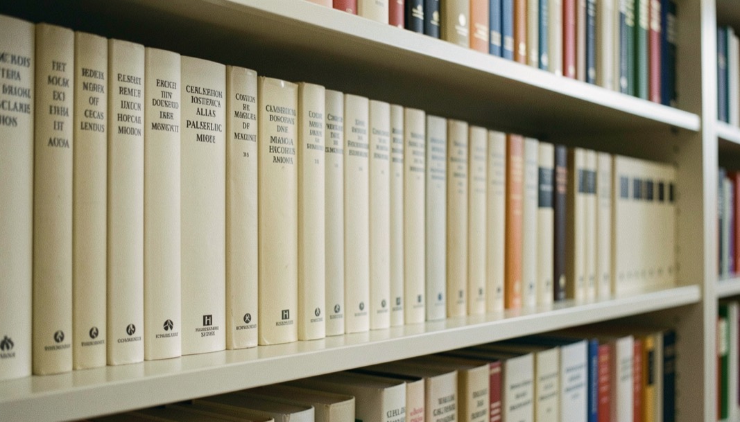 Shelf of medical dictionaries with cream colored spines standing in order of height