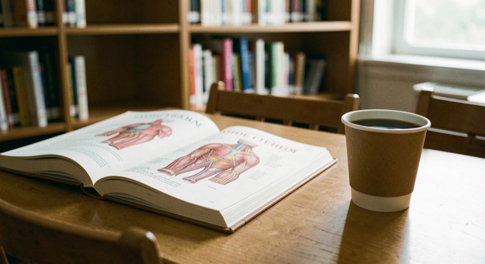 Anatomy textbook open on a library desk beside a paper cup of black coffee in morning light
