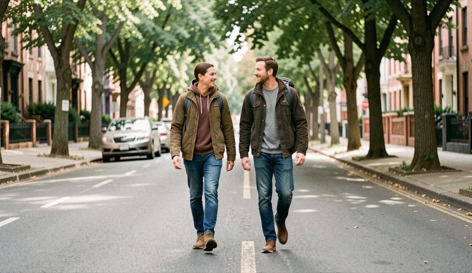 Two neighbors walking briskly along a tree lined street with backpacks on a weekday morning