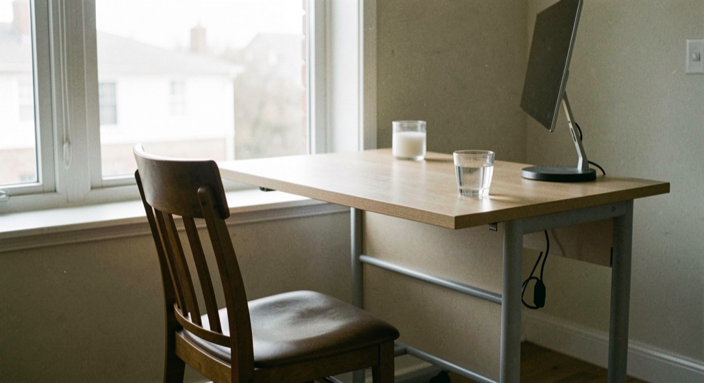Standing desk by a bright window with an empty chair pushed aside and a water glass