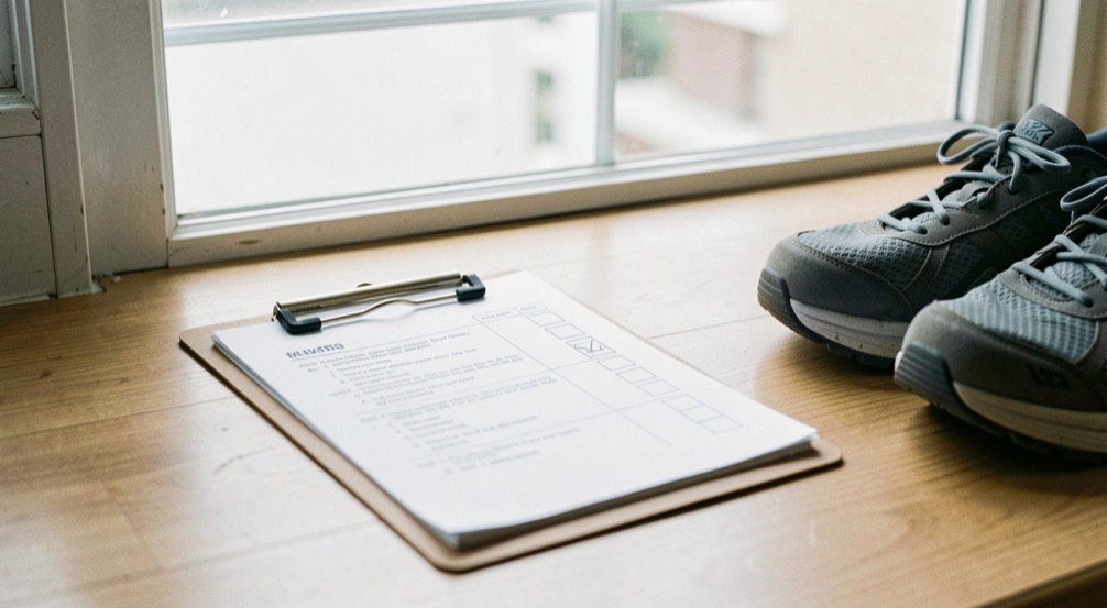 A kitchen table at dusk with a stack of printed treatment brochures, a notepad with handwritten questions, a pen, and a phone lying face up, warm lamp light from the left, close crop on the papers.