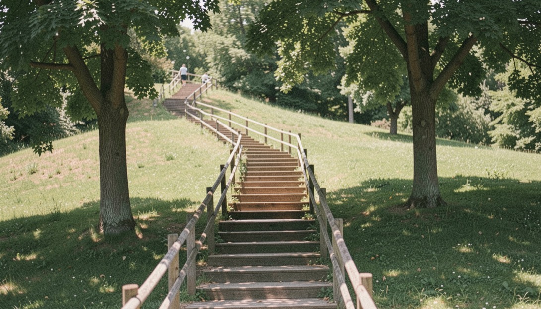 Wooden stairs in a sunny park winding up a grassy hill between two tall shade trees
