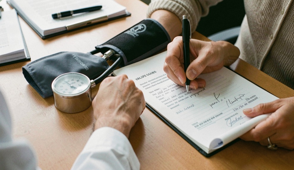 Clinician writing values in a paper file beside a blood pressure cuff on a desk
