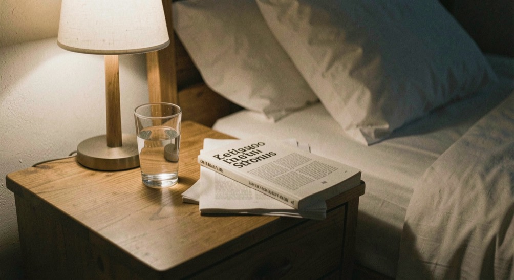 Bedside table at night with a dim lamp, a glass of water and a closed paperback on folded sheets