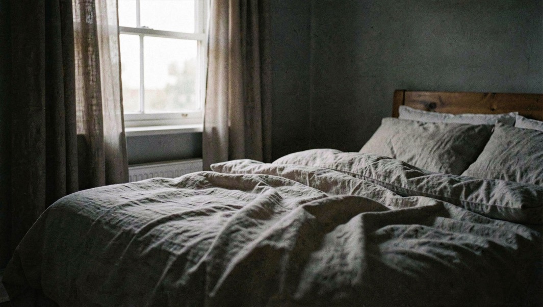 Made bed with linen sheets in a dark quiet bedroom and curtains half drawn at dawn