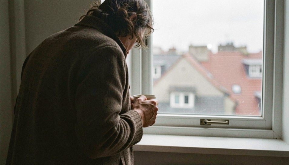 Person pausing at a window with a mug, shoulders dropping, city rooftops beyond the glass